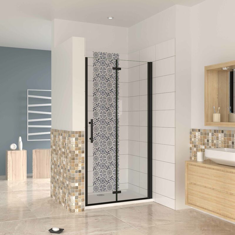 

Mampara ducha frontal baño dos puerta plegable con perfil negro mate ,estilo industrial, 5 mm cristal templado, Easyclean,70x190cm