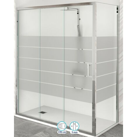 Mampara Ducha Rectangular Frontal Corredera 1 Puerta 1 Fijo  Cristal Templado 5mm Serigrafía  Altura 190cm  Perfil Cromo Brillo 150 cm (Adaptable 144-149cm) X 80cm