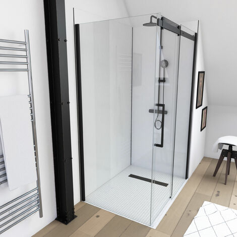 MAMPARA DUCHA TIPO INDUSTRIAL NEGRO MATE - 90X200CM - CRISTAL TEMPLADO 8MM - RAILROAD DARK 90 RETORNO