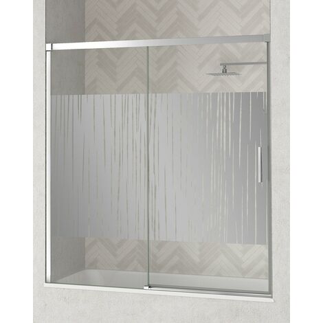 Mampara Frente Bañera 1 Puerta - 1 Fijo Corredera  Cristal Templado 6mm Antical Serigrafía  Perfil Cromo Brillo 170 cm (Adaptable 164-169cm)