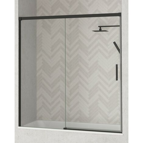 Mampara Frente Bañera 1 Puerta - 1 Fijo Corredera  Cristal Templado 6mm Antical Transparente  Perfil Negro Mate 155 cm (Adaptable 149-154cm)