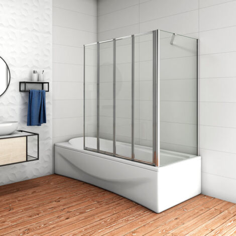 Mamparas de Bañera Biombo Plegable Cristal 4mm Gris Mate - 4 hojas plegable+lateral fijo 90x70x140cm