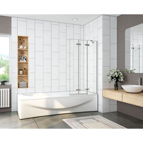 Mamparas de Bañera Biombo Plegable Cristal 6mm 3 veces plegable 100x140cm+Barra
