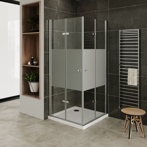 Mamparas de Ducha EMMA 99-75x85x180cm Cabina de Ducha Rectangular con Apertura de Puerta Plegable, Perfiles de Aluminio Cromo y Vidrio Parcialmente Satinado de Seguridad 6MM