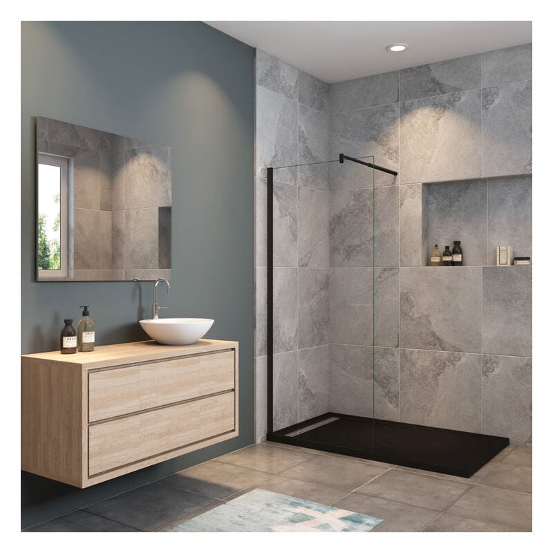 

Mamparas de Ducha Pantalla Panel Fijo Vidrio laminado de film seguridad a prueba de explosiones 8mm Perfil Negro Mate Barra 70-120cm,80x200cm