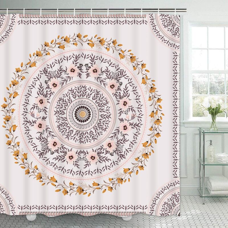 Mandala shower curtain floral medal shower curtain with 12 hooks, sketch flower shower curtain with pink brown aesthetic garland, waterproof hippie