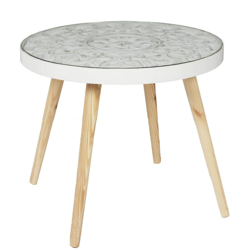 MANDALA - Table Basse Ø50cm Motif Floral et Verre trempé