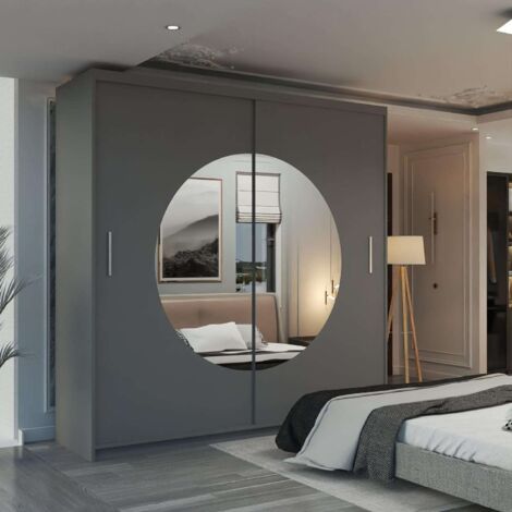 Mandarin Double Sliding Mirror Door Wardrobe -Grey 203cm