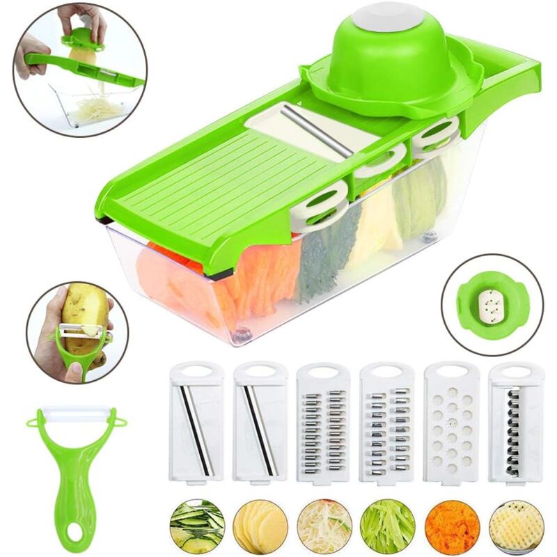 Mandoline Cuisine Multifonction 6 en 1, Coupe-Légumes avec Récipient pour Legume pour Pommes, bpa Free (Vert)