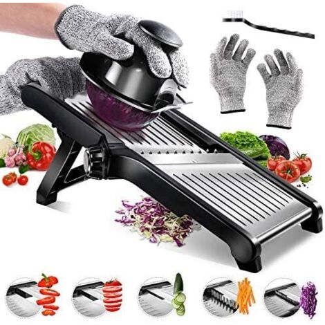 Mandoline Inox Professionnelle, Mandoline de Cuisine Multifonction à Epaisseur de Tranche Réglable, avec Protège Main et Gants de Sécurité