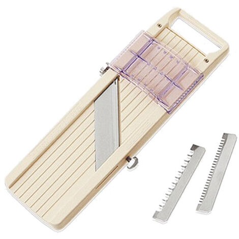Mandoline japonaise 11x31.5cm – Plastique ABS et acier inoxydable – Épaisseur de coupe réglable 0,5 à 6,5 mm – 3 lames interchangeables – 8486JAPP – Bron Coucke