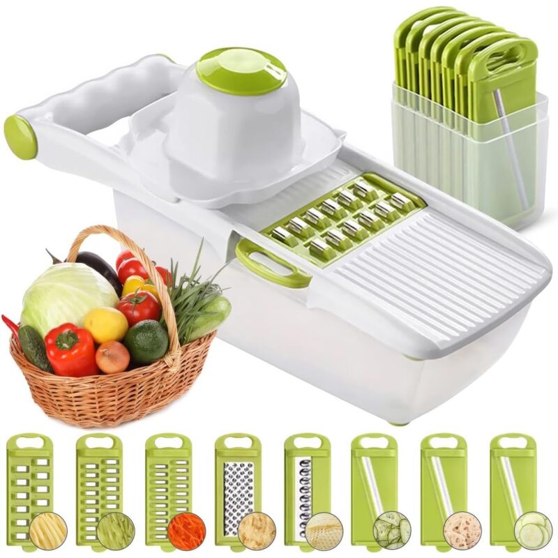 Mandoline tout-en-un, coupe-fruits et légumes, trancheuse à légumes multifonctionnelle, trancheuse interchangeable en acier inoxydable avec récipient