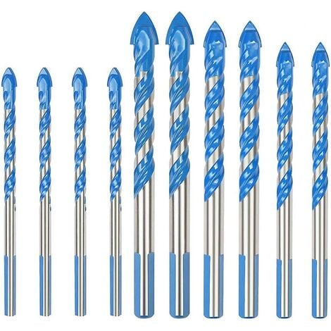 Mandrin de perceuse Lot de 10 forets en carbure de tungstène pour porcelaine, carrelage, béton, mur de briques, verre, miroirs, maçonnerie en plastique et bois, tailles assorties 6/8/10/12 mm.