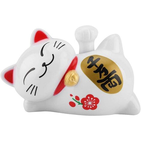 Maneki Neko à énergie Solaire LuckyCat Fortune Accueillant Le Bras agitant Paw Up Paresseux Couché Richesse Fortune Chat Accueil Boutiques De Voiture Voiture Feng Shui Décor Blanc(02)