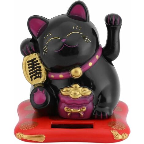 Maneki Neko Fortune Cat - Lucky Cat Énergie Solaire Mini Chat Richesse Accueillant Chat Mignon avec Bras Agitant Home Display Car Decor (Color : Black)