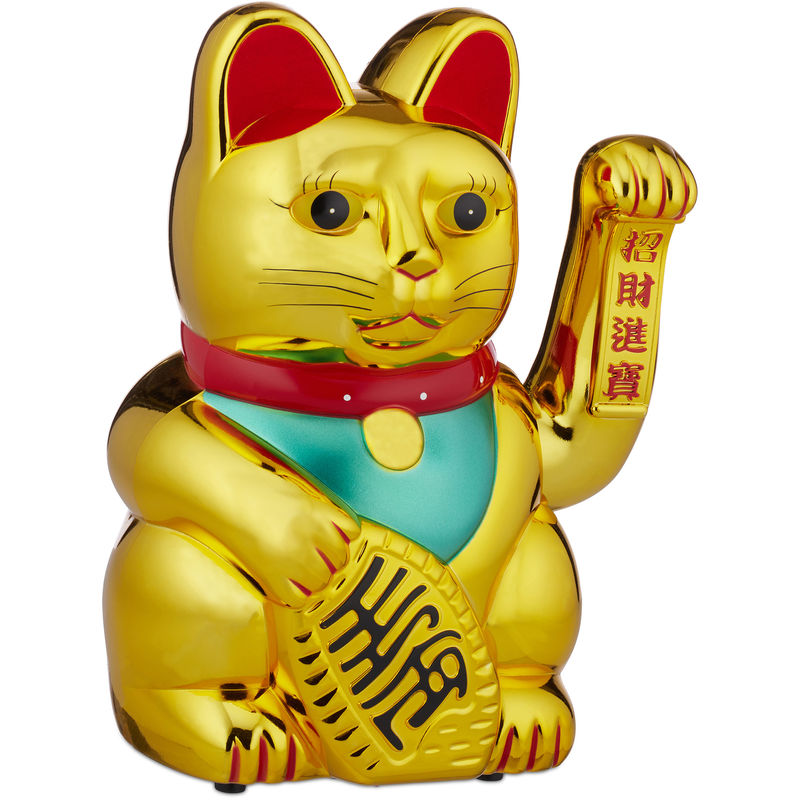 Relaxdays - Maneki Neko Gato Chino de la Suerte xl a Pilas, Plástico, Dorado, 30 cm