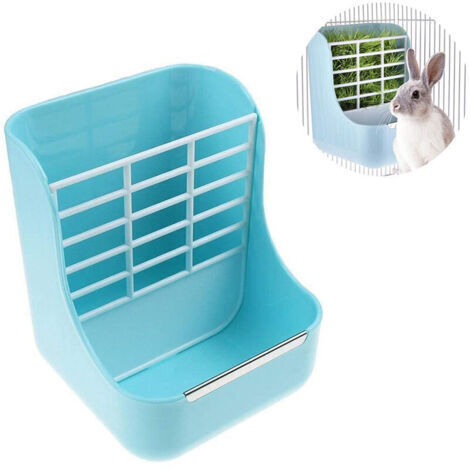 Mangeoire à foin bleue pour lapins, cobayes et chinchillas, avec support et bol de nourriture.