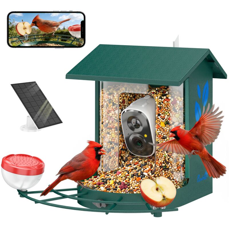 Mangeoire oiseaux avec caméra - PawHut - intelligente 2K, coque anti-écureuil, panneau solaire - acier - 30 x 34,5 x 26,3 cm - vert