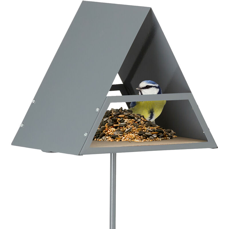Mangeoire à oiseaux, avec piquet, h x l x p : env. 121 x 25,5 x 19,5 cm, protégée des rats, gris et nature - Relaxdays