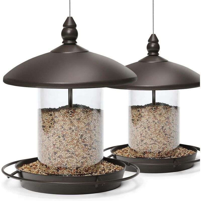 Lot de 2 Mangeoires à Oiseaux Marron – Toit Métallique, Résistante aux Rongeurs, Suspension Extérieure, Distributeur de Graines
