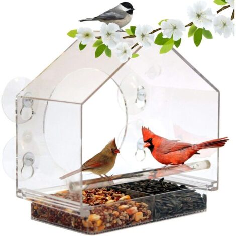 Mangeoire à oiseaux de fenêtre avec porte-graines coulissant et 4 ventouses extra fortes. Grandes mangeoires à oiseaux pour l'extérieur. Forme de nichoir.
