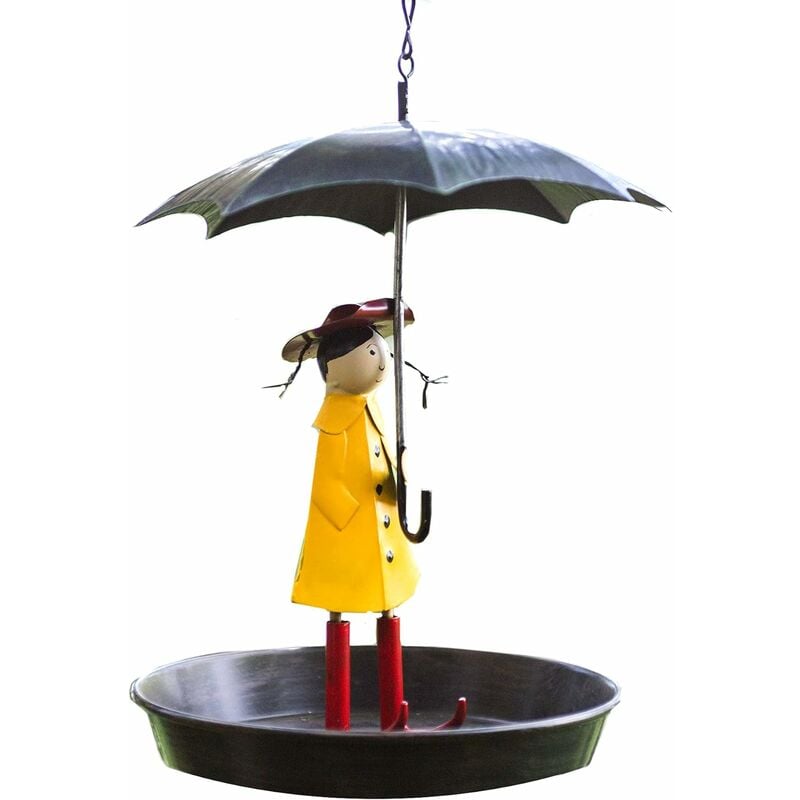 Mangeoire à oiseaux en métal pour fille dans le jardin avec chaîne de suspension et parapluie en métal de style ancien pour les oiseaux sauvages