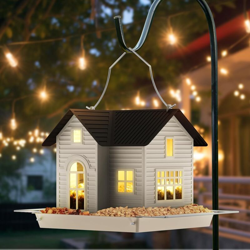 Mangeoire à Oiseaux pour Extérieur avec Lumière Solaire, Metal Bird Feeder with Solar Light - Style de Maison en Métal, Cadeaux Uniques