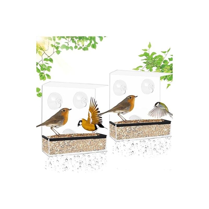 Linghhang - Mangeoire à Oiseaux pour Fenêtres, 2 Pcs Acrylique Mangeoire Oiseaux Extérieur Fenêtre avec 6 Ventouses, Transparent avec Bac à Amovible