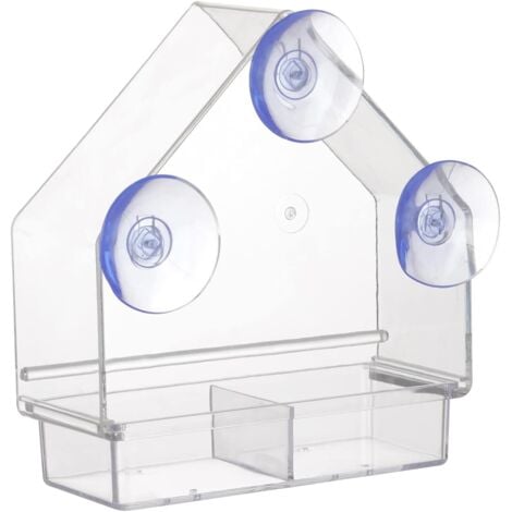 FLYDOSI Mangeoire à Oiseaux Transparente avec ventouses Super Fortes Plateau Amovible Rechargeable résistant aux intempéries