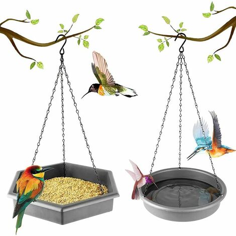 Mangeoire Bain d'oiseaux à Suspendre, Distributeur de Nourriture pour Les vers de Farine à Suspendre, Distributeur de Graines pour Oiseaux Sauvages Toute L'année (Gris)，