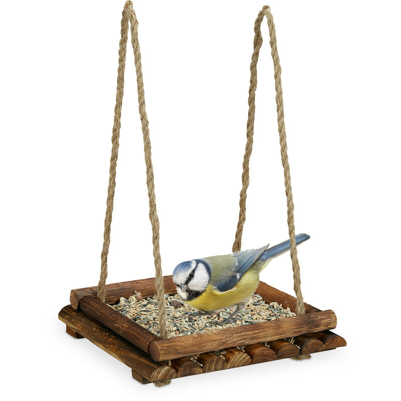 Mangeoire d'extérieur pour oiseaux à suspendre ou poser, en bois, H x L x P : 6,5 x 25 x 25 cm, marron