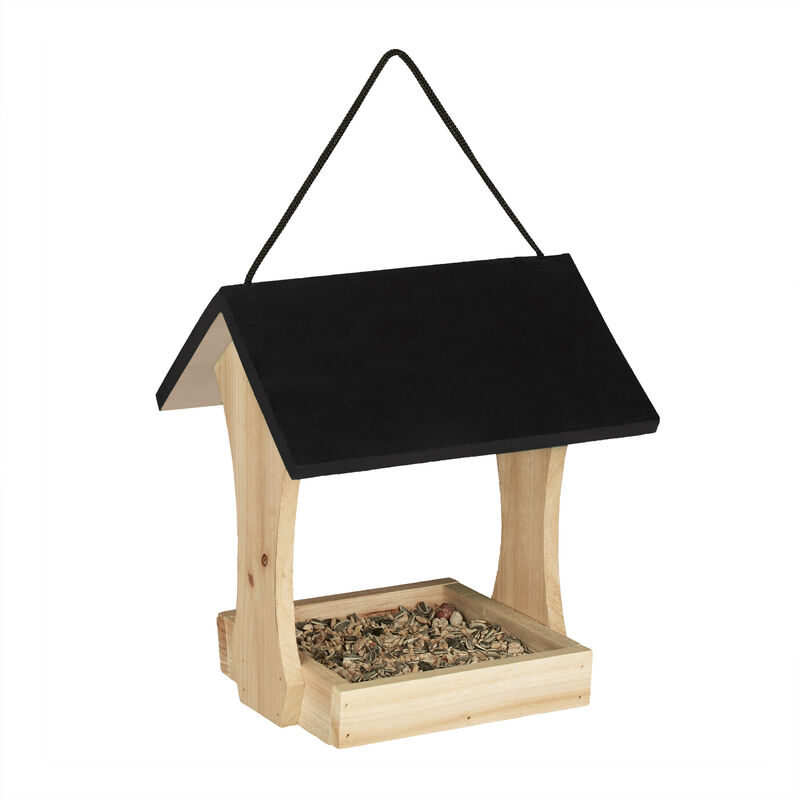 Mangeoire d'extérieur pour oiseaux, abri en bois, cabane à suspendre, hlp 25,5 x 23 x 21 cm, pour jardin, noir - Relaxdays