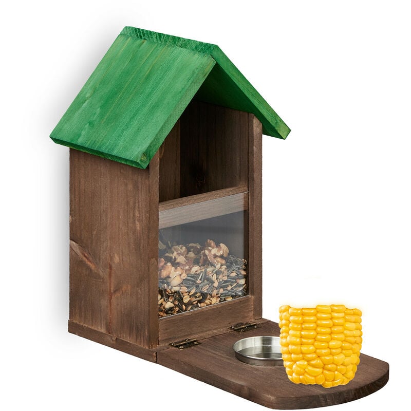 relaxdays - mangeoire en bois pour écureuils, vis qui permet de tenir l'épi de maïs, seau à eau, marron et vert