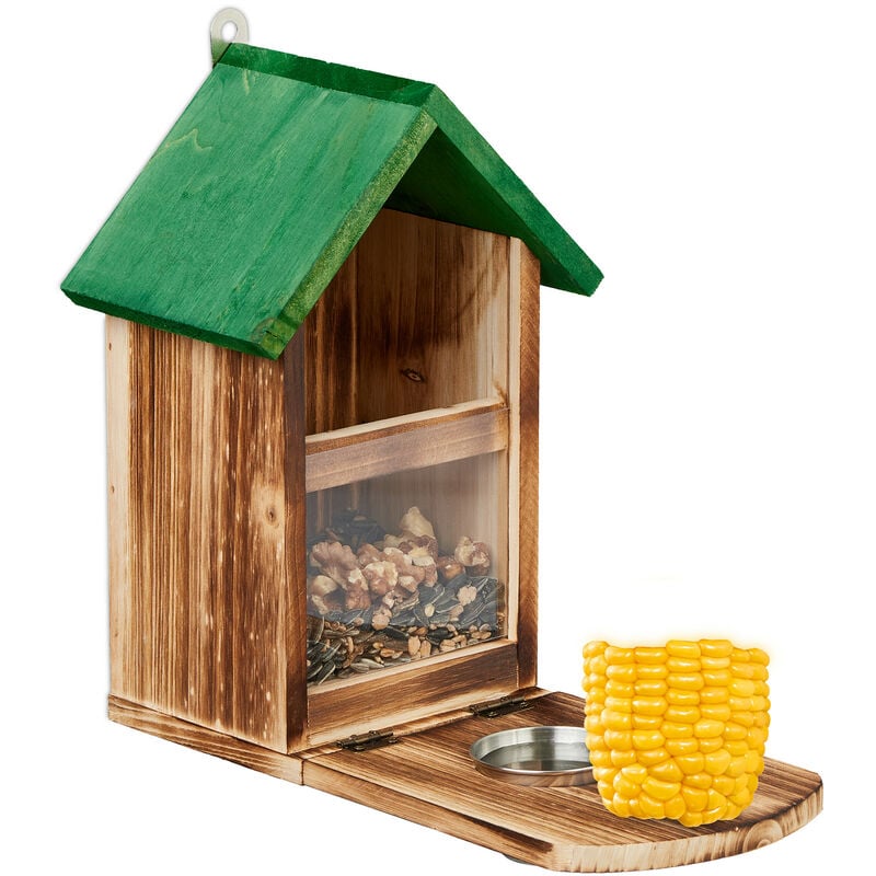 relaxdays - mangeoire en bois pour écureuils, vis qui permet de tenir l'épi de maïs, seau à eau, nature et vert