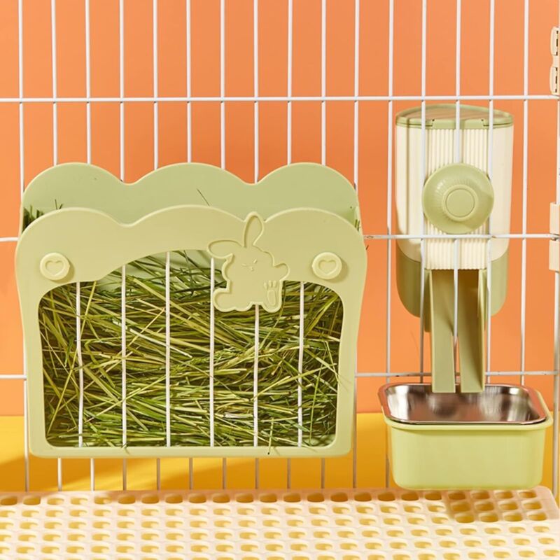 Mangeoire Foin Lapin, Kit d'alimentation 3 en 1 avec gamelle et Entonnoir Suspendu pour Cage, Râtelier à Foin pour Lapin Cochon d'Inde Chinchilla