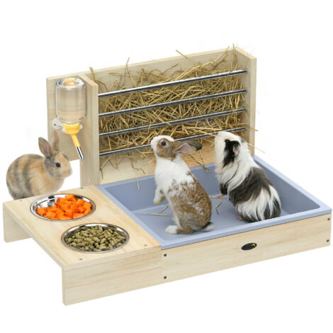 Mangeoire foin lapin plateau bois, gamelle inox, gourde