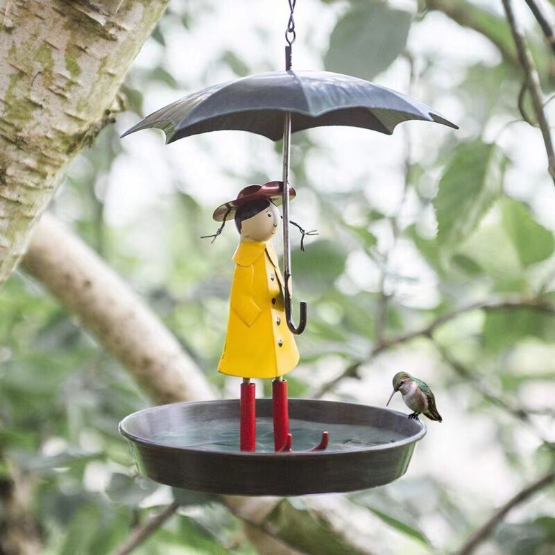 Mangeoire Oiseaux Exterieur avec chaîne de Suspension et Parapluie pour Oiseaux Sauvages en métal de Style Antique avec Crochet de Suspension