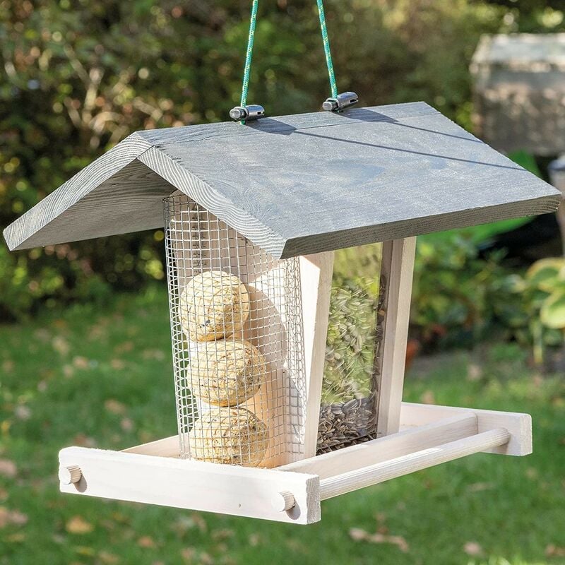 Mangeoire oiseaux extérieur à suspendre pour oiseaux sauvages pour jardin balcon Distributeur de graines«324 Cabane Gris Blanc»