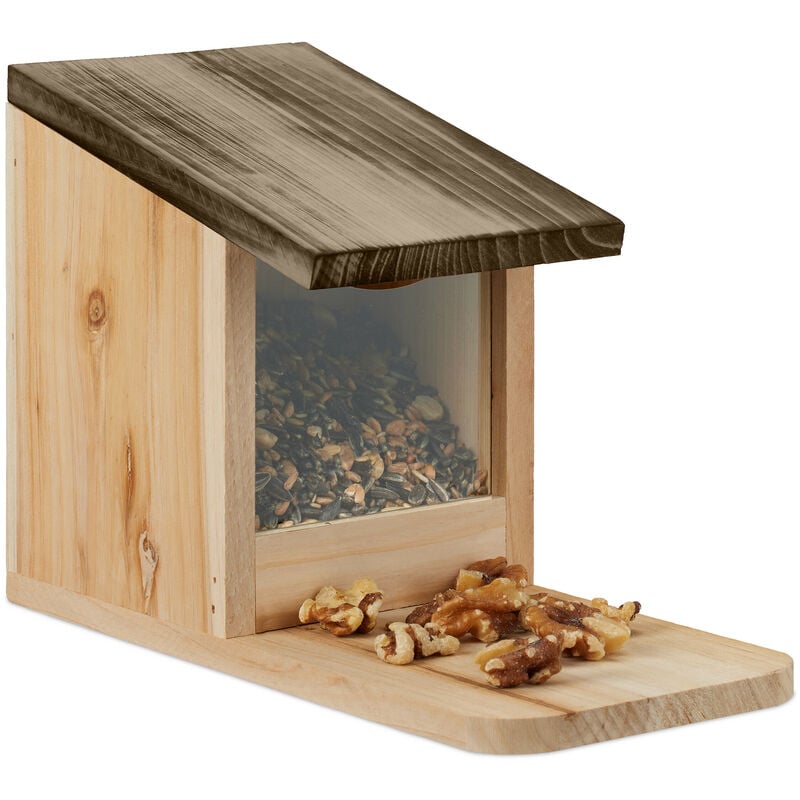 relaxdays mangeoire pour écureuils, en bois, toit ouvrant, h x l x p : 17,5 x 12 x 25 cm, nature et marron