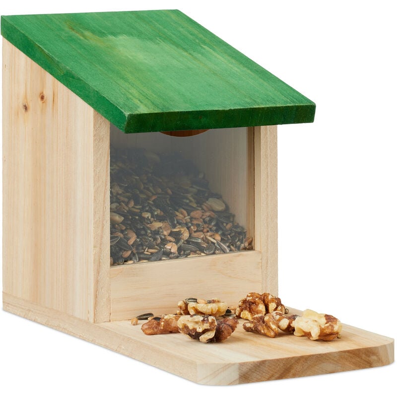 relaxdays - mangeoire pour écureuils, en bois, toit ouvrant, h x l x p : 17,5 x 12 x 25 cm, nature et vert