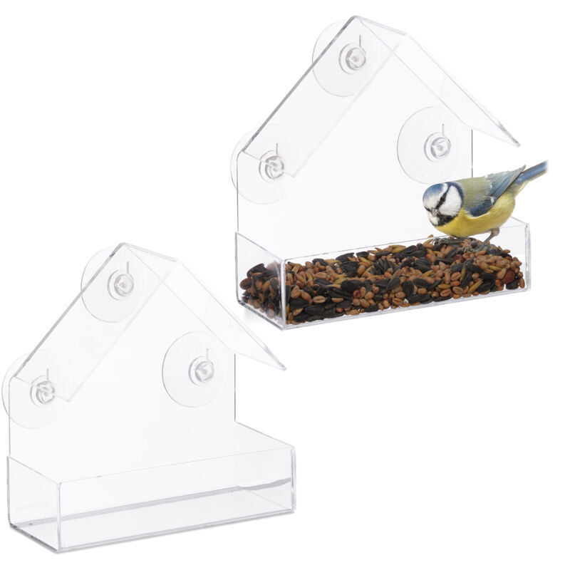 Mangeoire à oiseaux, lot de 2, 3 ventouses, avec toit, h x l x p : 15 x 15 x 7 cm, transparente - Relaxdays