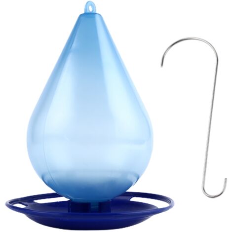 Mangeoire pour oiseaux de jardin avec réservoir anti-fuite transparent, capacité 120 g en forme de goutte d'eau, plastique, couleur bleu 16x22 cm, incl. 1 mangeoire suspendue pour attirer les oiseaux