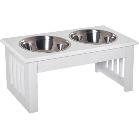 Mangeoire surélevée avec support, 2 gamelles inox amovibles eau/nourriture, 44x24x15 cm, blanc