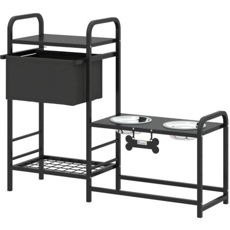 Mangeoire surélevée pour chien, réglable en hauteur (3 niveaux), avec compartiment de rangement intégré, 2 bols en acier inoxydable de 800 ml + 1 bol à eau, dimensions 89,5 × 27 × 74 cm, noir – idéale