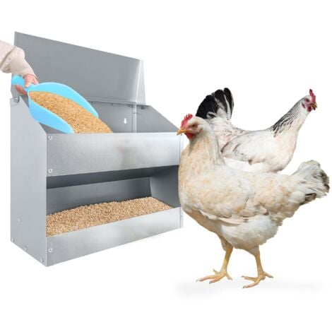 Mangiatoia per polli da 15 kg, grande mangiatoia automatica per polli, mangiatoia zincata, montaggio a parete con coperchio, guanto e cucchiaio, mangiatoia per pollame, polli, tacchini, oche, anatre N