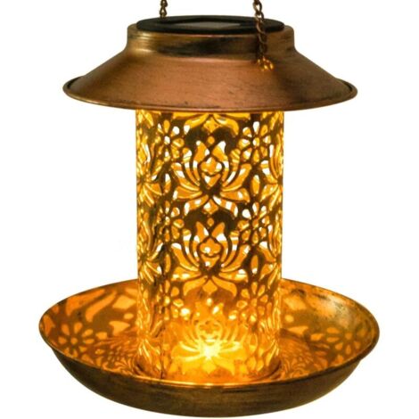 Mangiatoia per uccelli a energia solare, mangiatoia decorativa in metallo da appendere con luce per uccelli selvatici, regalo da appendere per esterni, decorazione per giardino e cortile.
