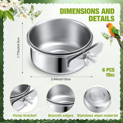 Mangiatoia per uccelli sospesa da 6 pezzi con supporto in acciaio inox per pappagalli e parrocchetti – ciotole per acqua e cibo per casette per uccelli, 10 cm x 4,5 cm, argento