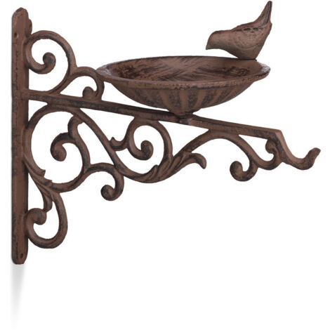 Mangiatoia/Porta-bagno per uccelli in ghisa, da parete per giardino, decorativa, HxLxP: 24x28x14 cm, marrone