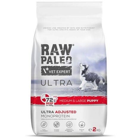 Mangime secco VetExpert Raw Paleo Cucciolo taglia media e Ultra Beef per cani2kg