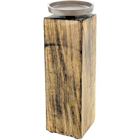 Mango Kerzenhalter mit Alu Kerzenteller - groß / 25 cm - Holz Kerzenständer für Stumpen- und Kugel-Kerzen